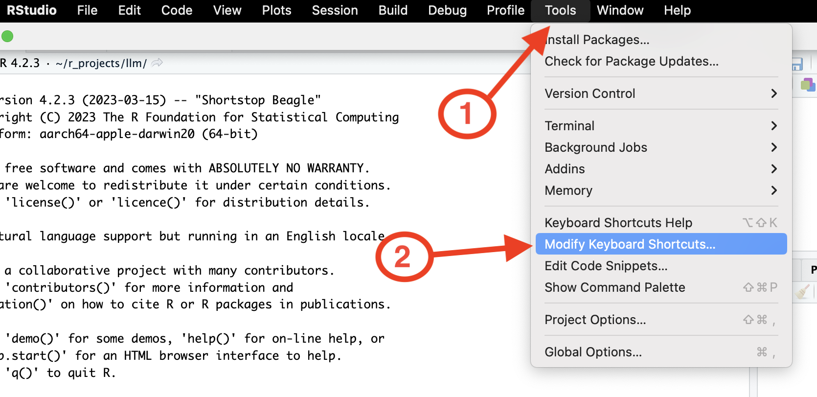 Screenshot that shows where to find the option to modify the keyboard shortcuts