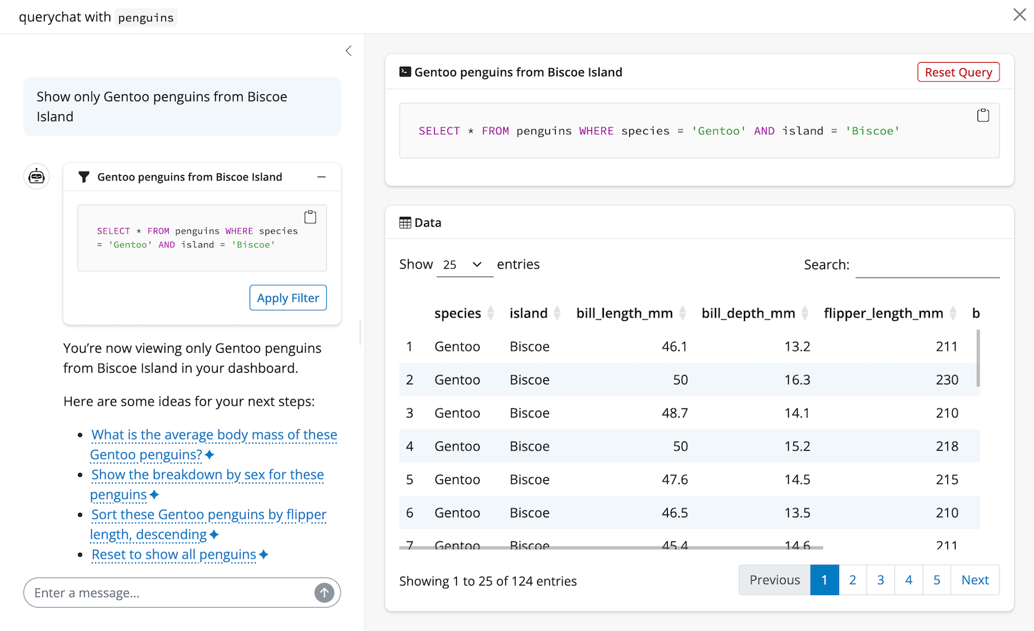 Screenshot of the querychat's app with the penguins dataset filtered.