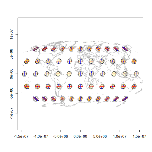 Tissot indicatrixes for the Robinson projection coloured by angular deformation in degrees, with warm colours in the corners showing where the projection distorts angles most